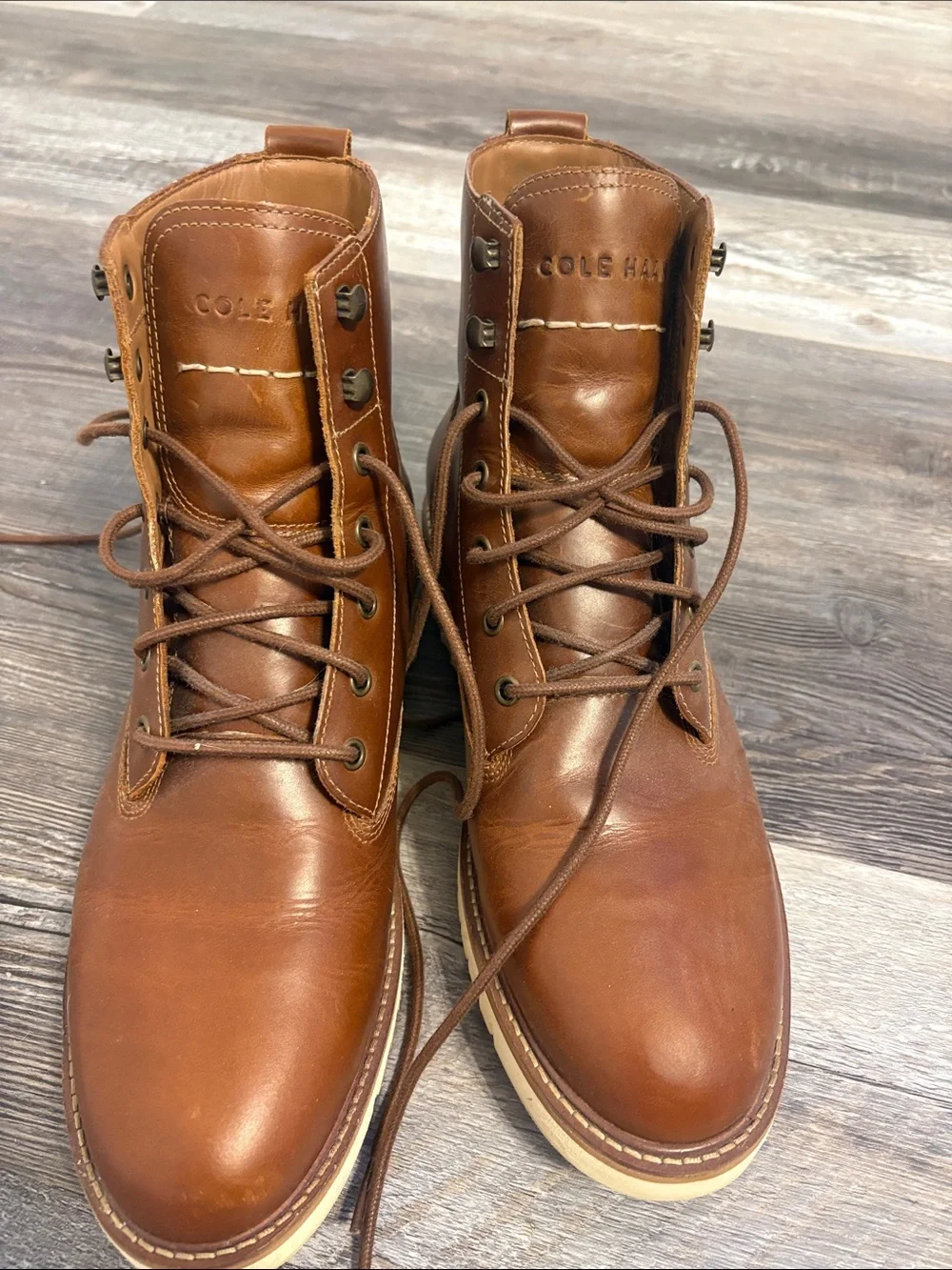Cole Haan Men's Tan Leather Lace-Up Work Boots with Cream Sole